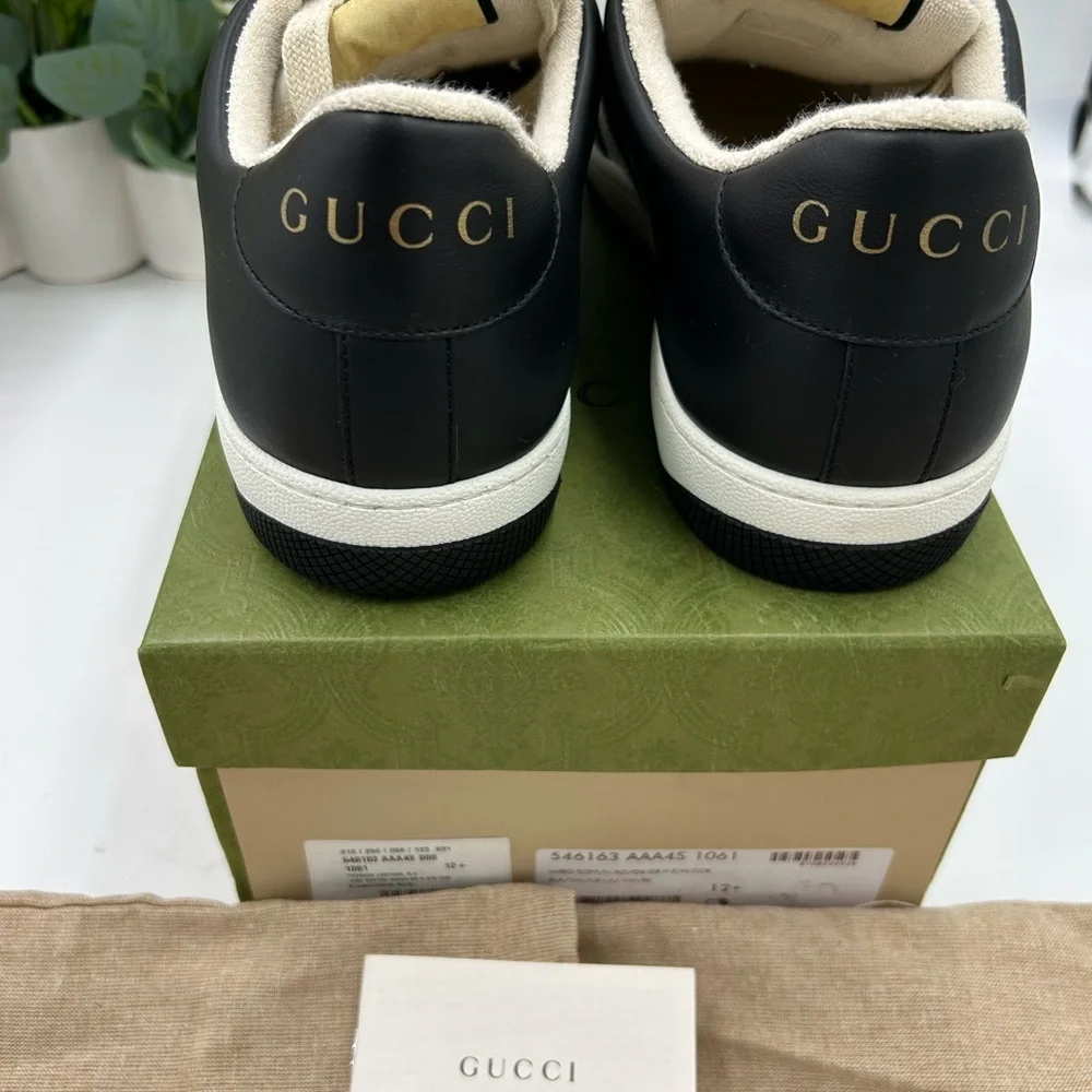 Men's Gucci, low top screener sneakers black white paneled leather design 12.5